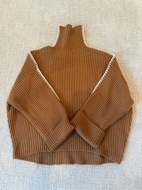 rag & bone Chestnut Ribbed Turtleneck Sweater with Cream Trim